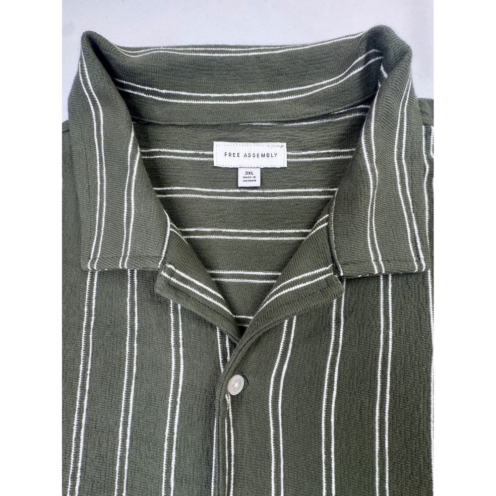 Free Assembly Mens Texture Camp Shirt Green Globe Stripe 3XL Cotton Button Up